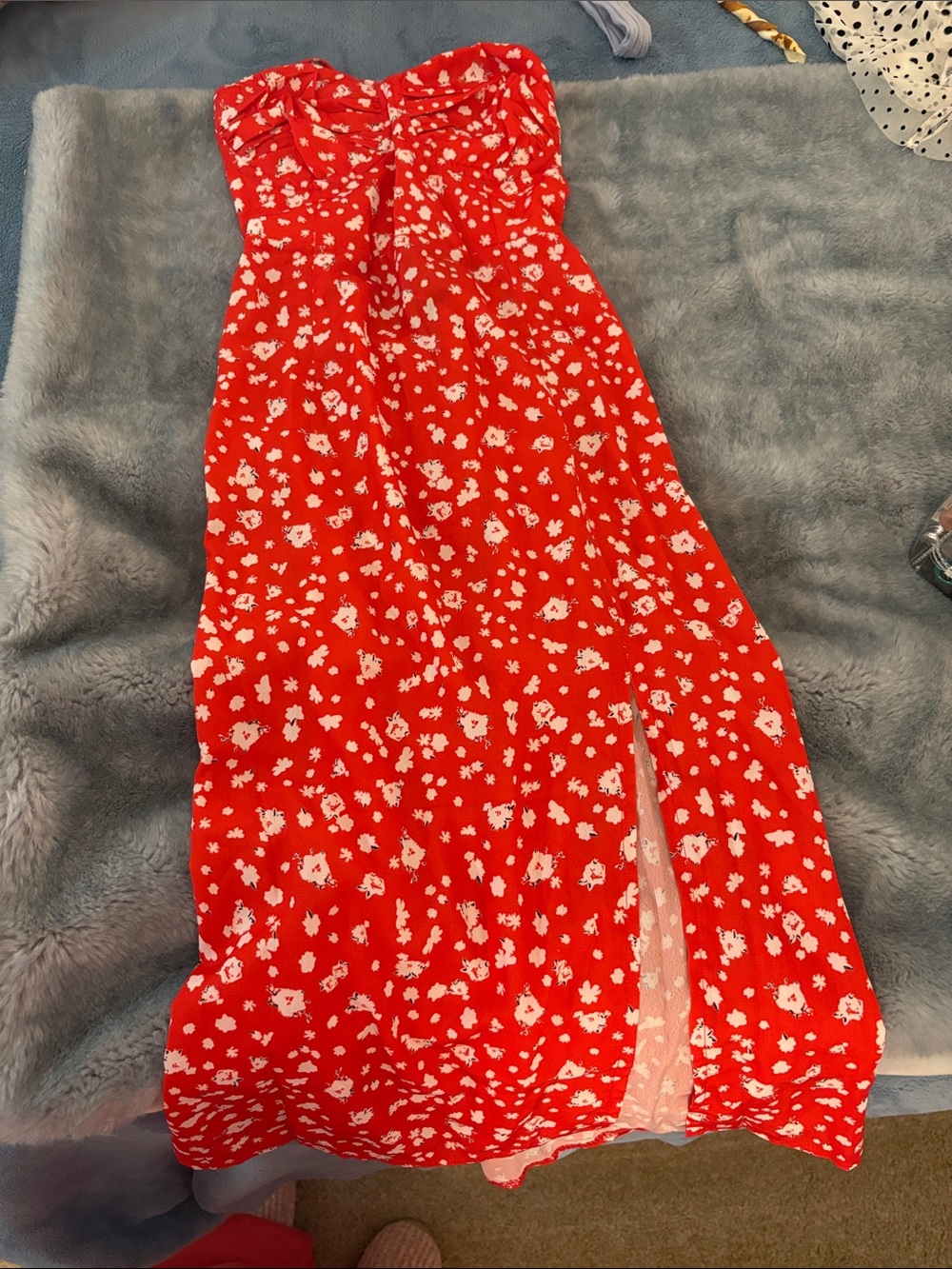 Fortunate One Red Floral Strap midi dress with side slit, strapping back NWT S